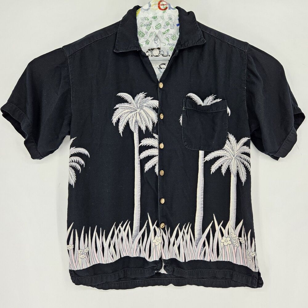 Jack Hollywood Hawaiian Shirt Mens Large Black Palm‎ Tree Rayon Button Up Casual